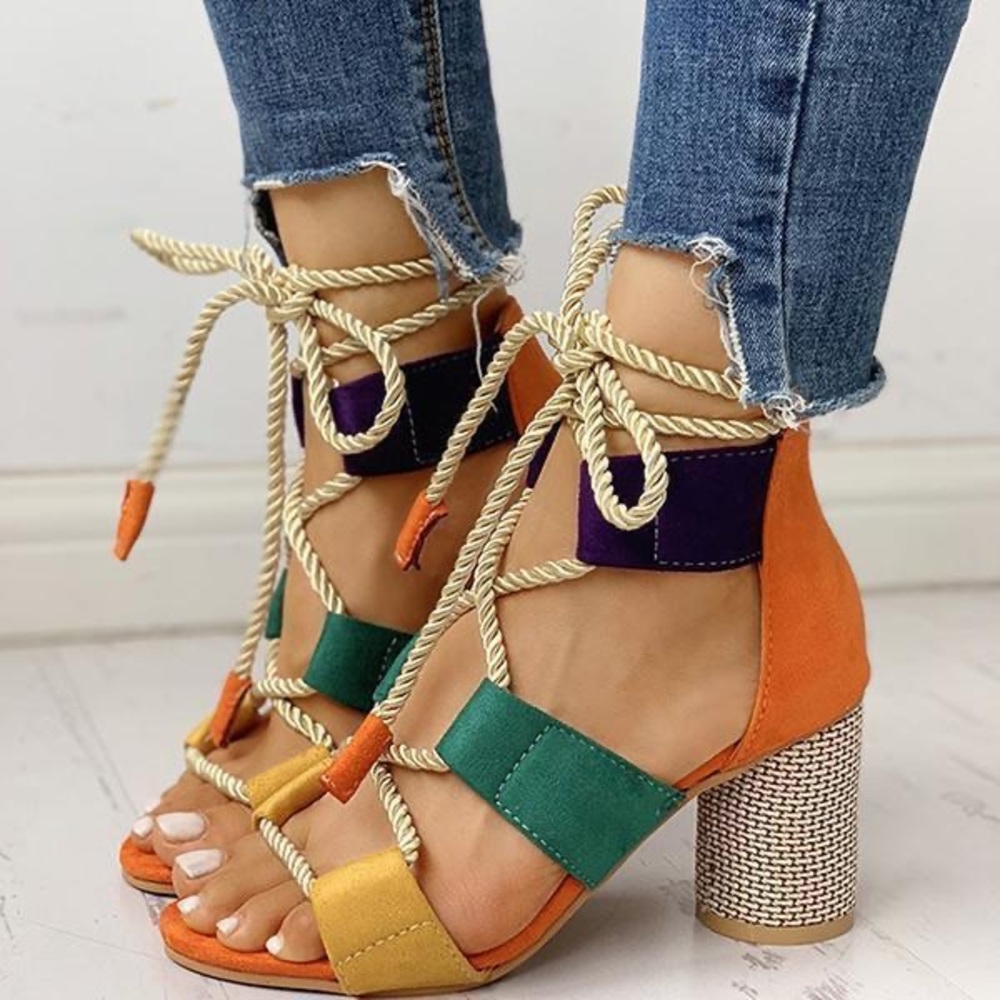 Colourblock Lace-up Chunky Heels Open Toe Sandals
